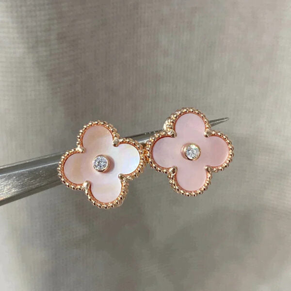 Roostick Clover Mop Pink Gold Diamond Earrings
