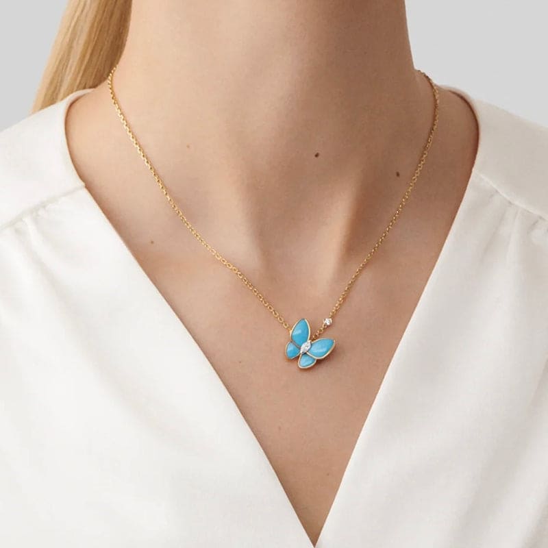 Roostick Two Butterfly Pendant With Diamond & Turquoise Necklace