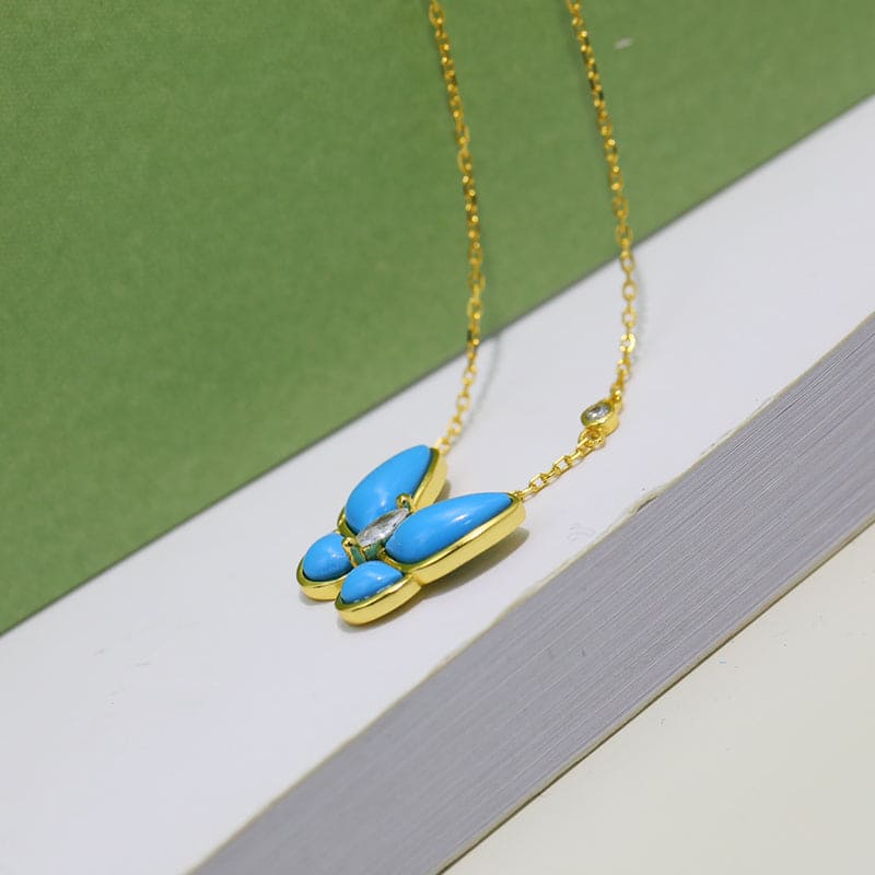 Roostick Two Butterfly Pendant With Diamond & Turquoise Necklace