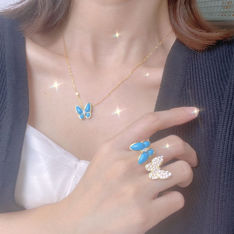 Roostick Two Butterfly Pendant With Diamond & Turquoise Necklace