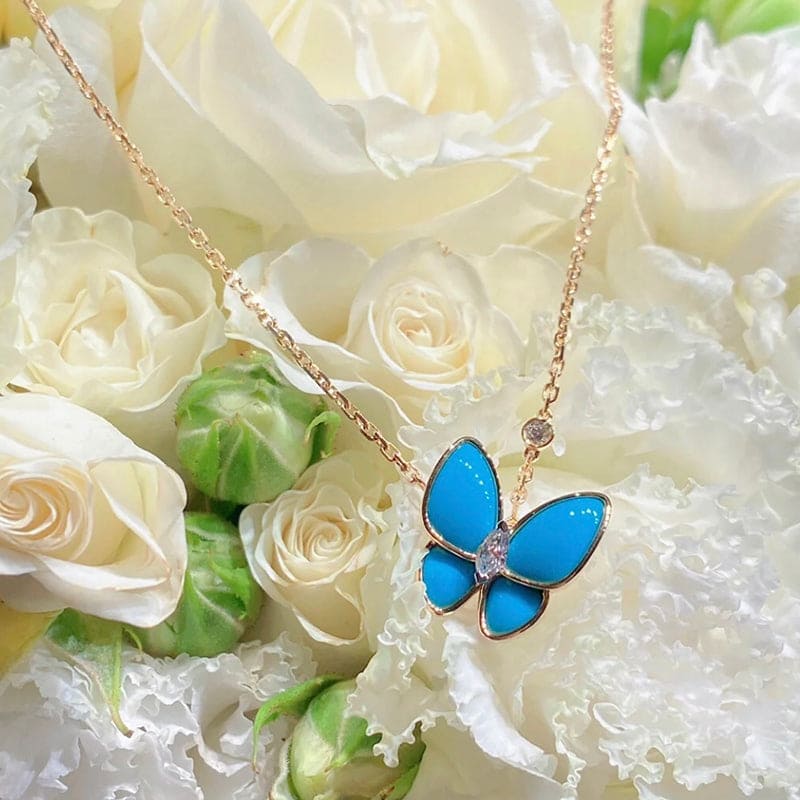 Roostick Two Butterfly Pendant With Diamond & Turquoise Necklace