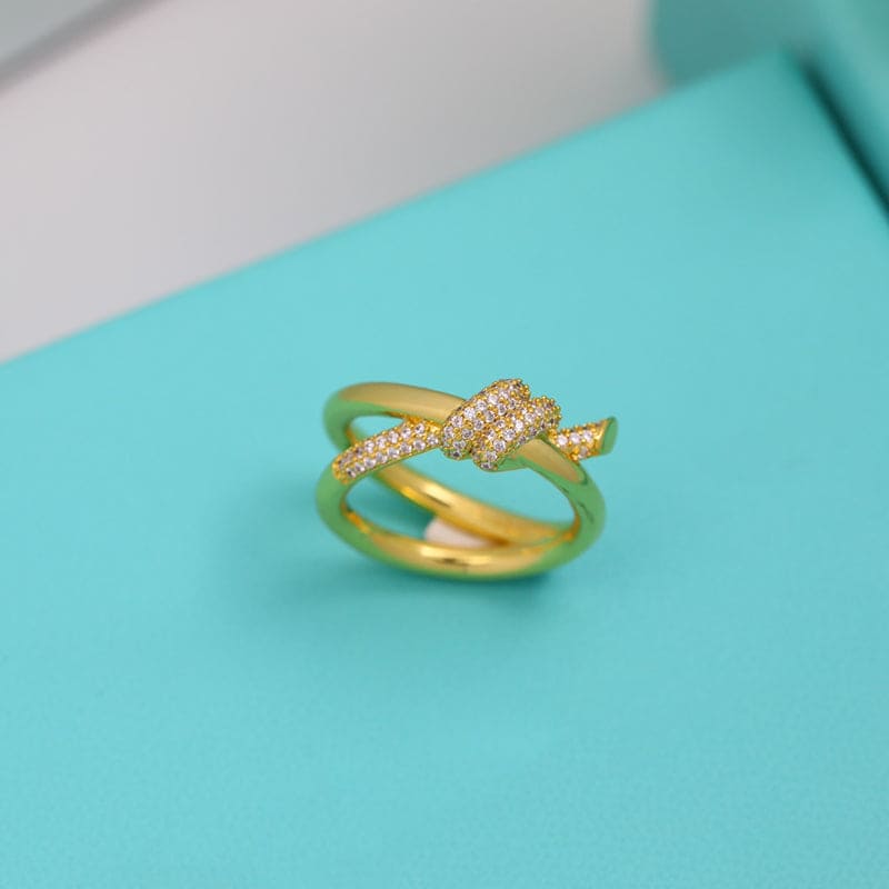 Roostick Yellow Gold Knot Double Row Diamonds Ring