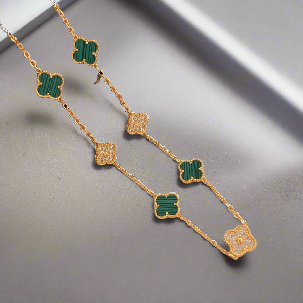 Roostick Vintage Alhambra Malachite Diamonds 10 Motifs Necklace