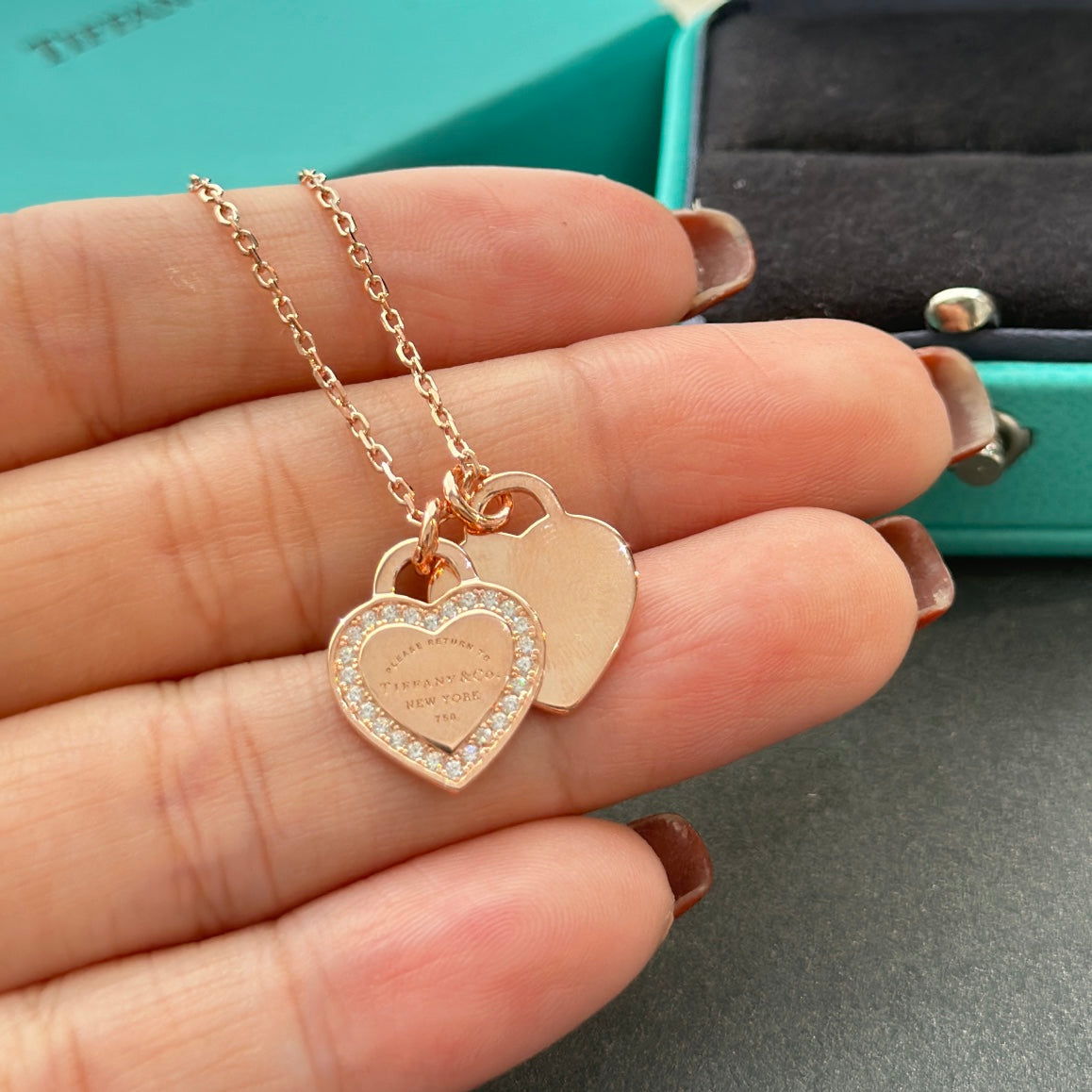 Roostick T Double Heart Tag Diamond Necklaces