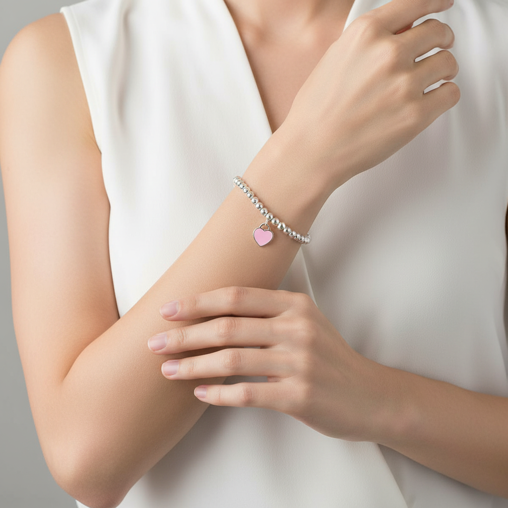 18K Return To T Pink Heart Tag Bead Bracelet