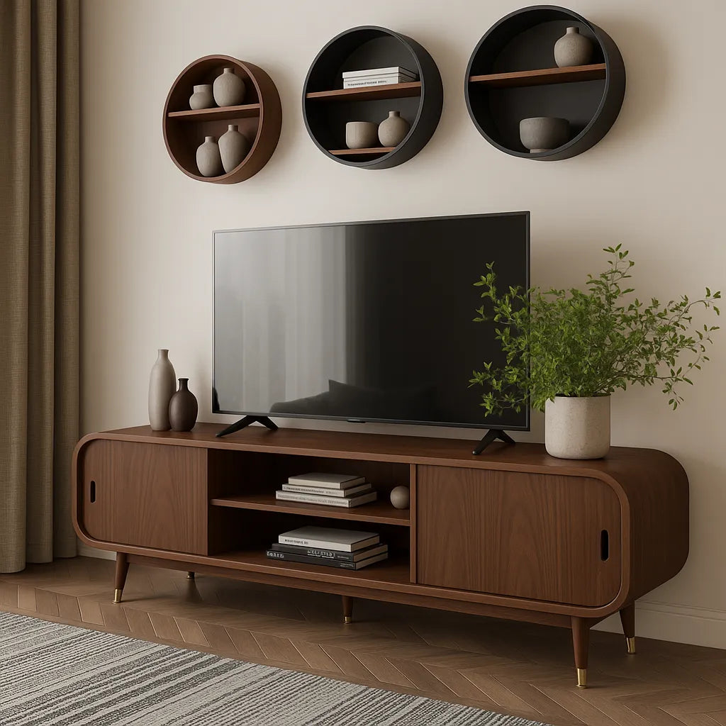 Dark Brown TV Shelf With Sliding Doors And Rounded Corners