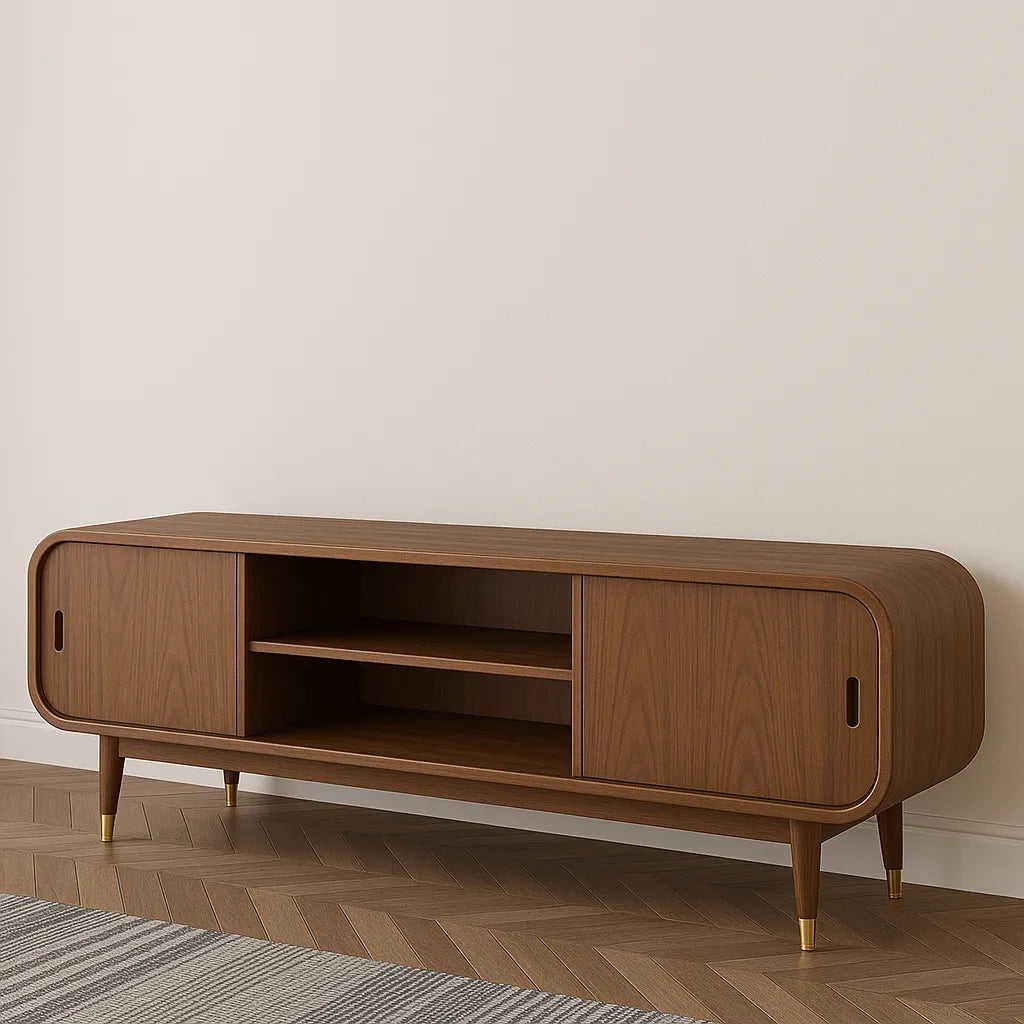 Dark Brown TV Shelf With Sliding Doors And Rounded Corners