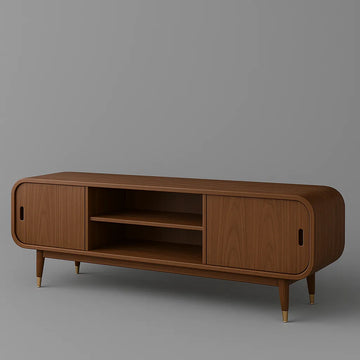 Dark Brown TV Shelf With Sliding Doors And Rounded Corners