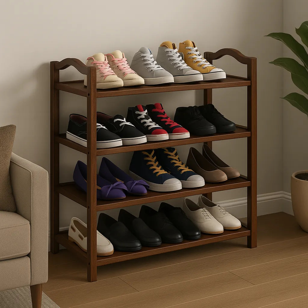 Four Tier Wooden Shelf Rack With Side Frame Walnut Finish