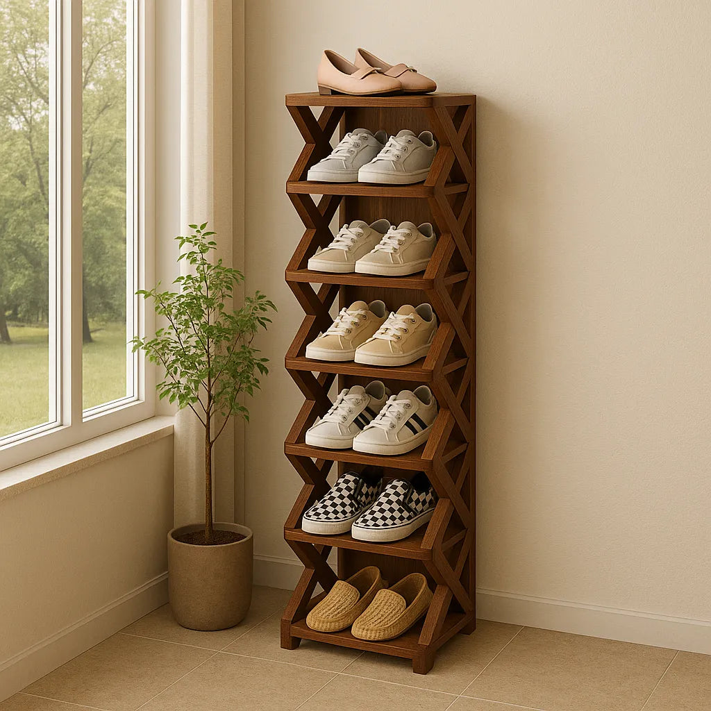 Six Tier Wooden Shoe Rack With Geometric Side Design Brown