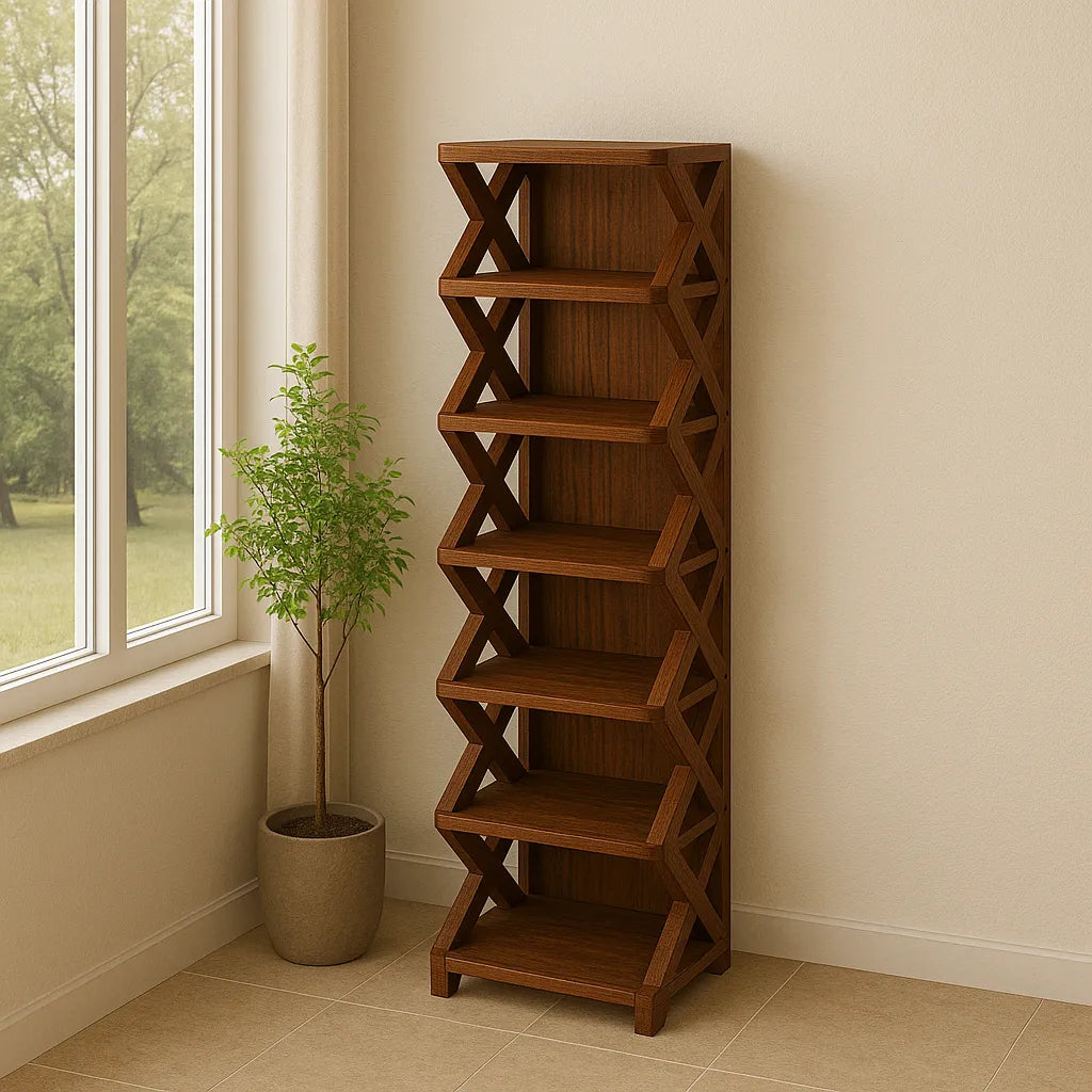 Six Tier Wooden Shoe Rack With Geometric Side Design Brown