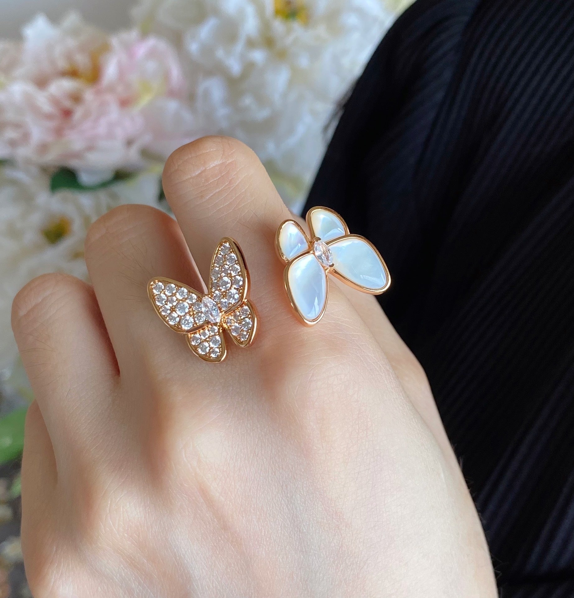 Roostick Two Butterfly Between the Finger Pearl Ring