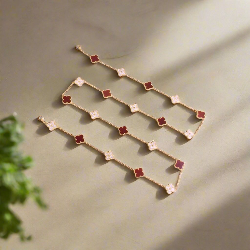 Roostick Vintage Alhambra Carnelian And Diamond 20 Motifs Long Necklace