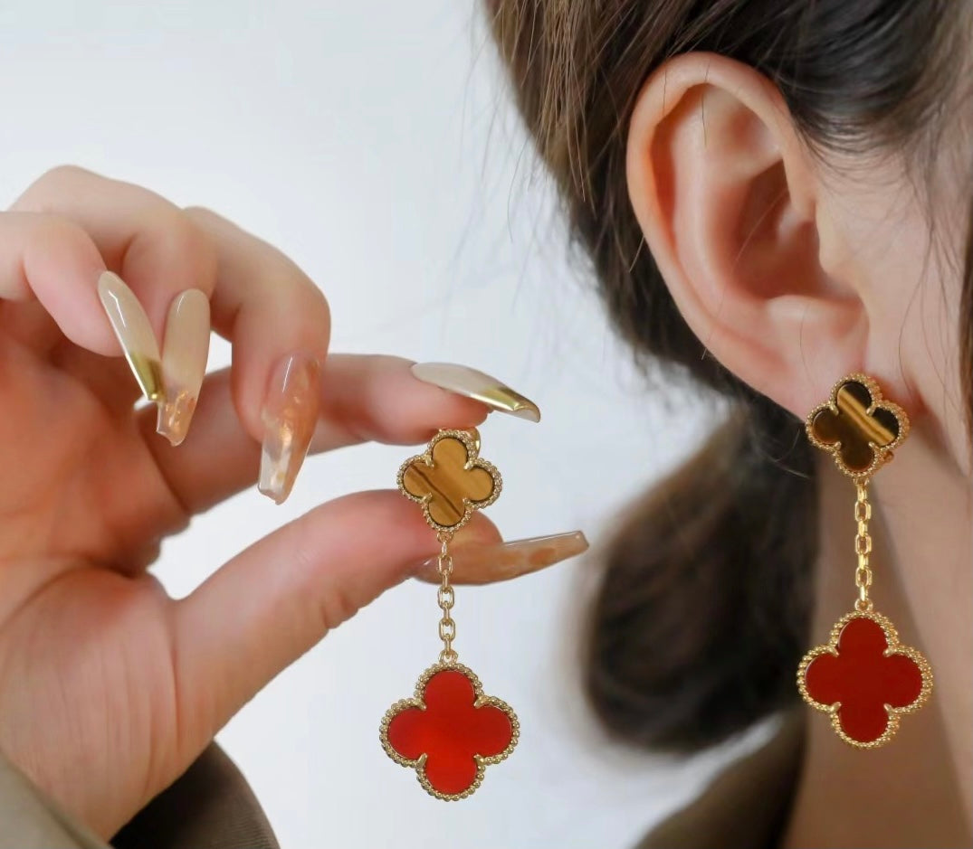 18k Magic Alhambra Carnelian & Tiger Eye Earrings