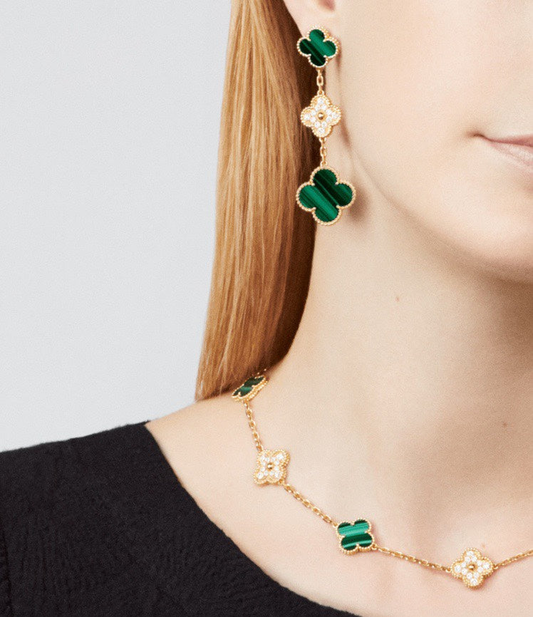 18k Magic Alhambra Three Malachite Motifs Earrings