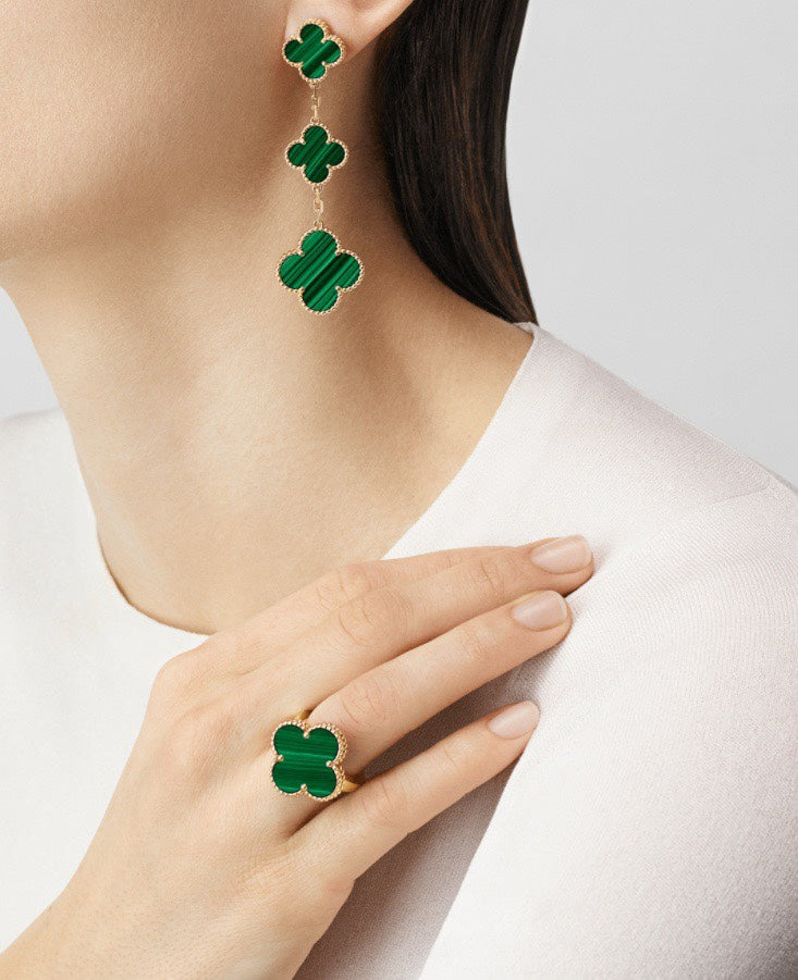 18k Magic Alhambra Three Malachite Motifs Earrings