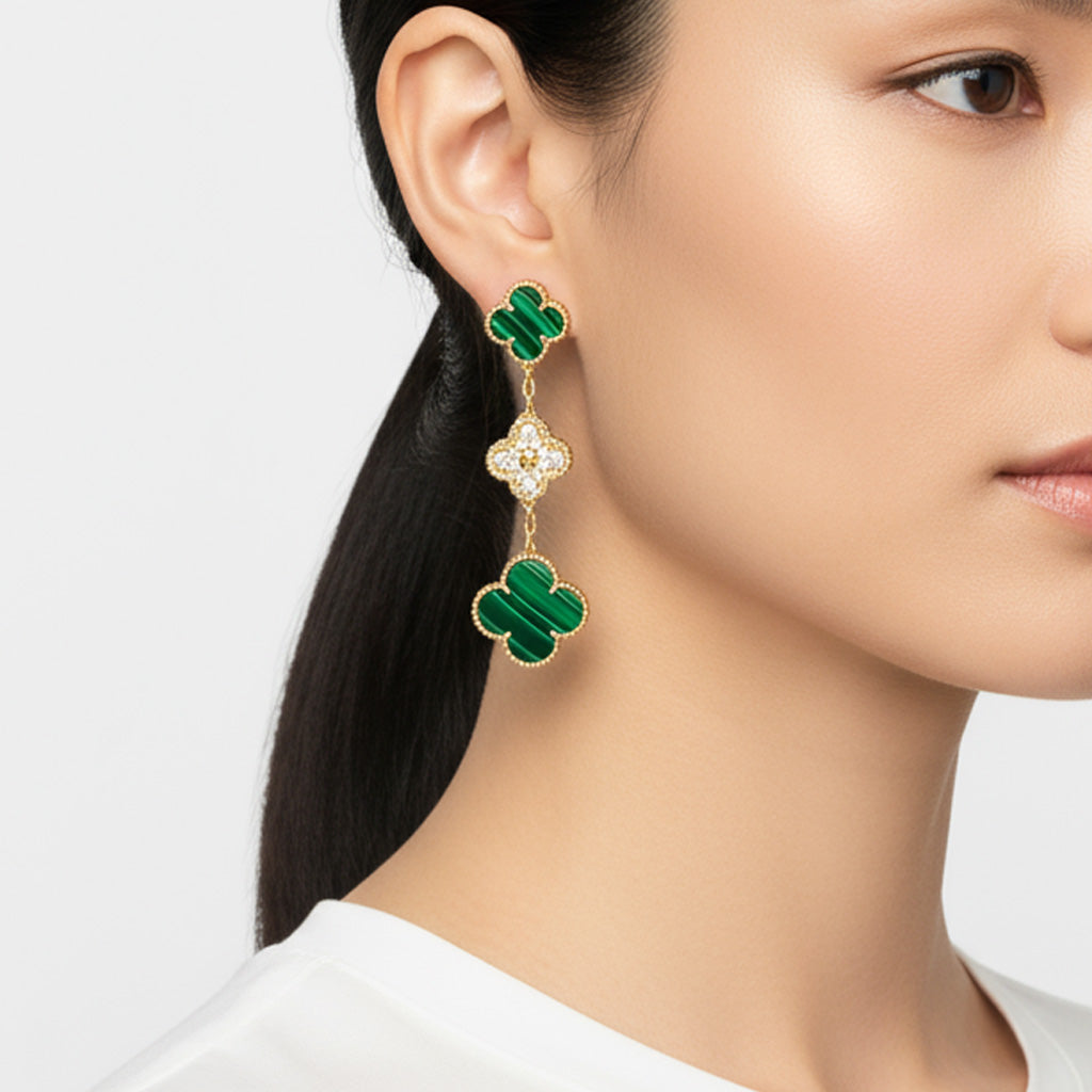 Magic Alhambra Malachite Three Motifs Clover Earrings