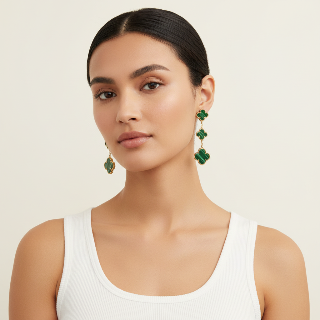 Magic Alhambra Malachite Three Motifs Clover Earrings 18K