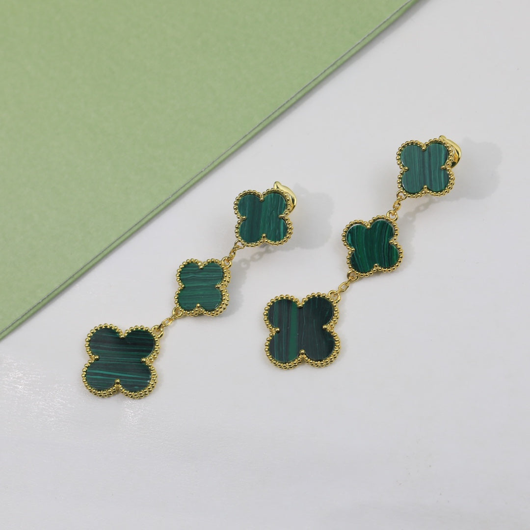 Magic Alhambra Malachite Three Motifs Clover Earrings 18K