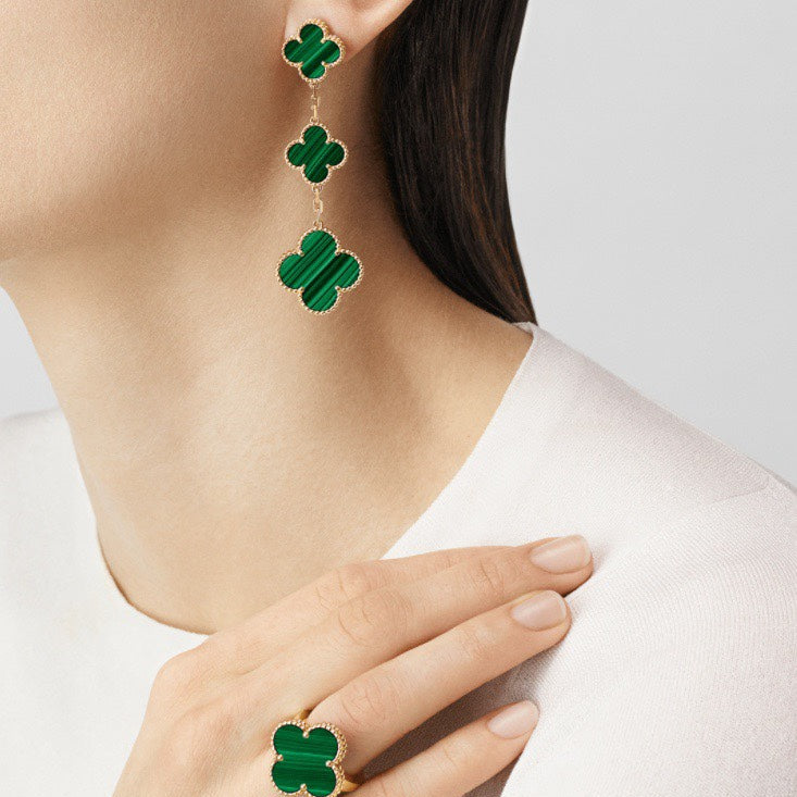 Magic Alhambra Malachite Three Motifs Clover Earrings 18K