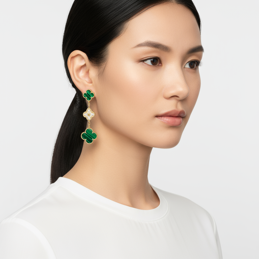 Magic Alhambra Malachite Three Motifs Clover Earrings