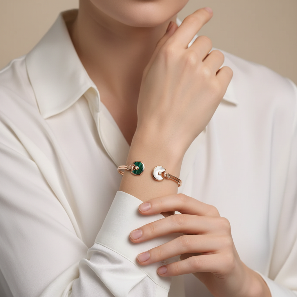 Malachite Pearl & Diamond Open Bracelet