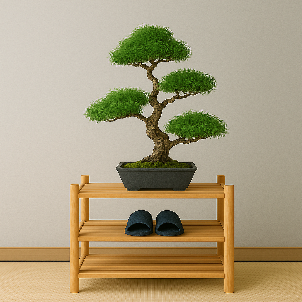 Natural Wood Shoe Rack Three Tier Shelf With Bonsai Display Space