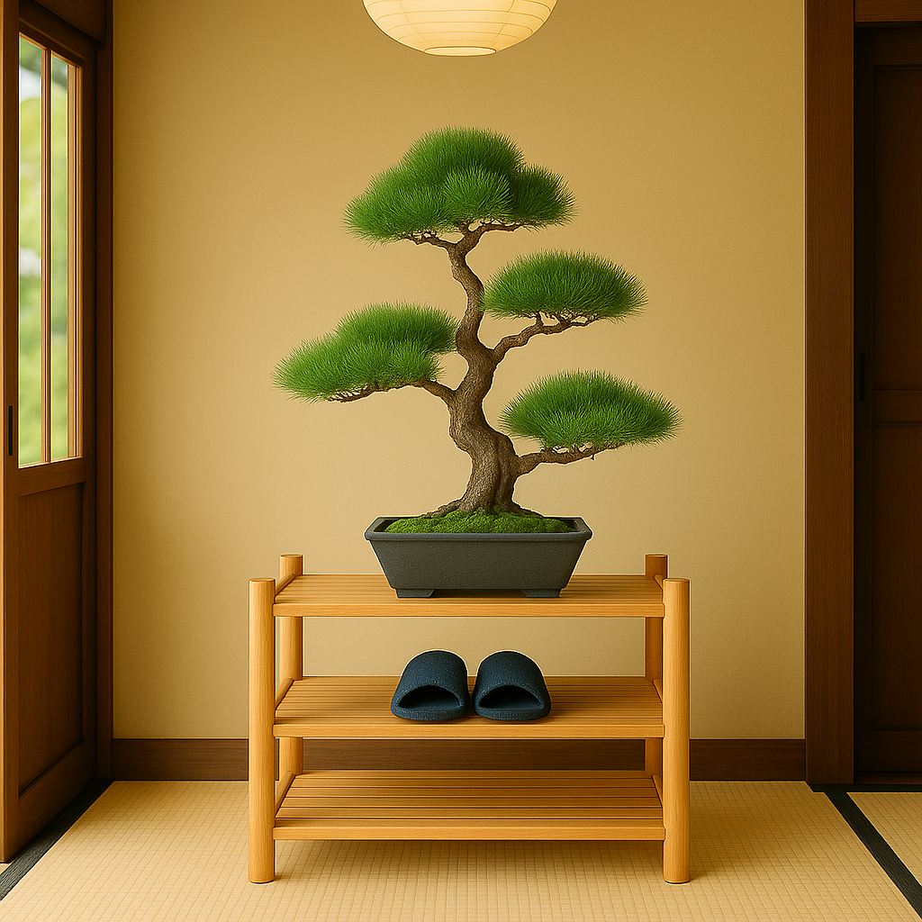 Natural Wood Shoe Rack Three Tier Shelf With Bonsai Display Space