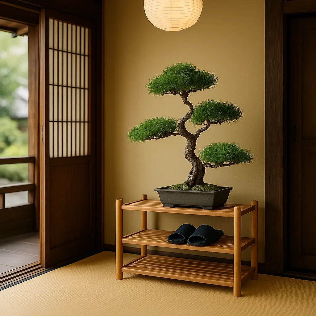 Natural Wood Shoe Rack Three Tier Shelf With Bonsai Display Space