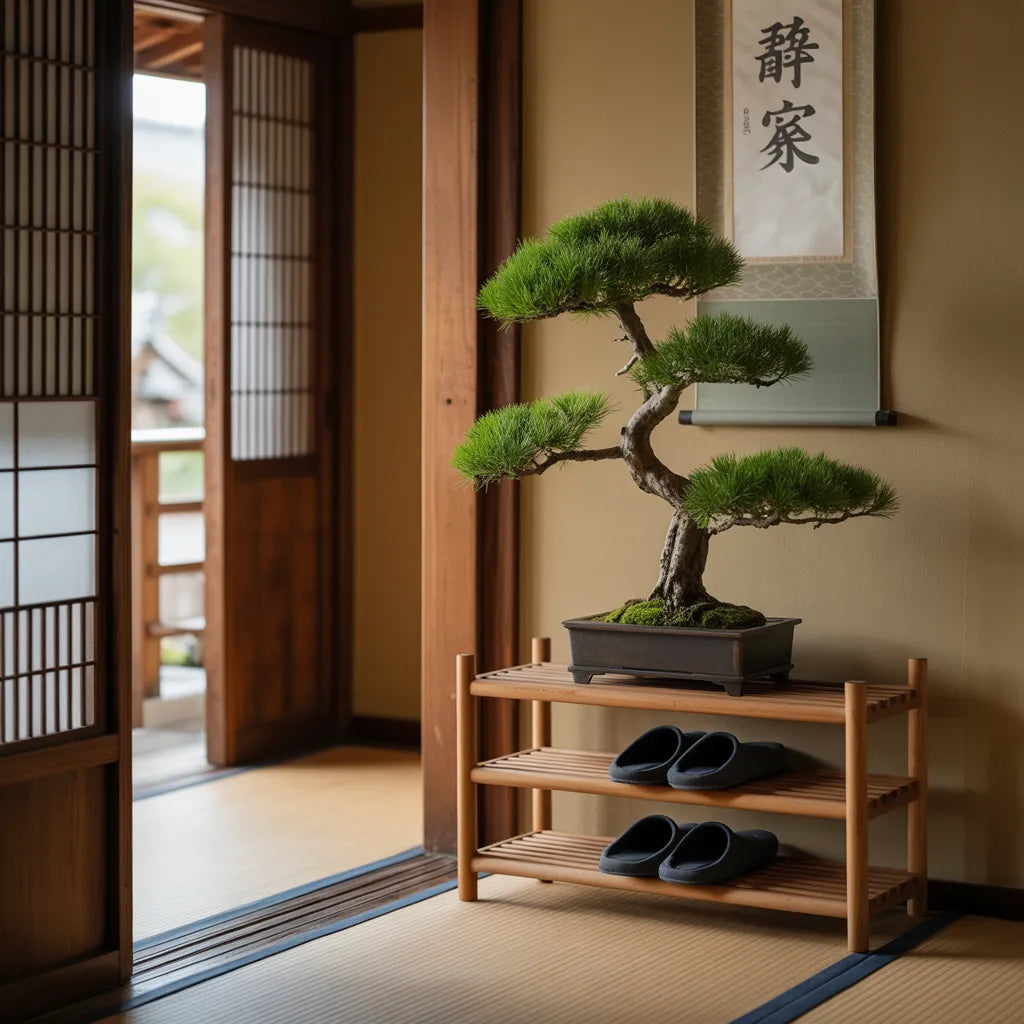 Natural Wood Shoe Rack Three Tier Shelf With Bonsai Display Space