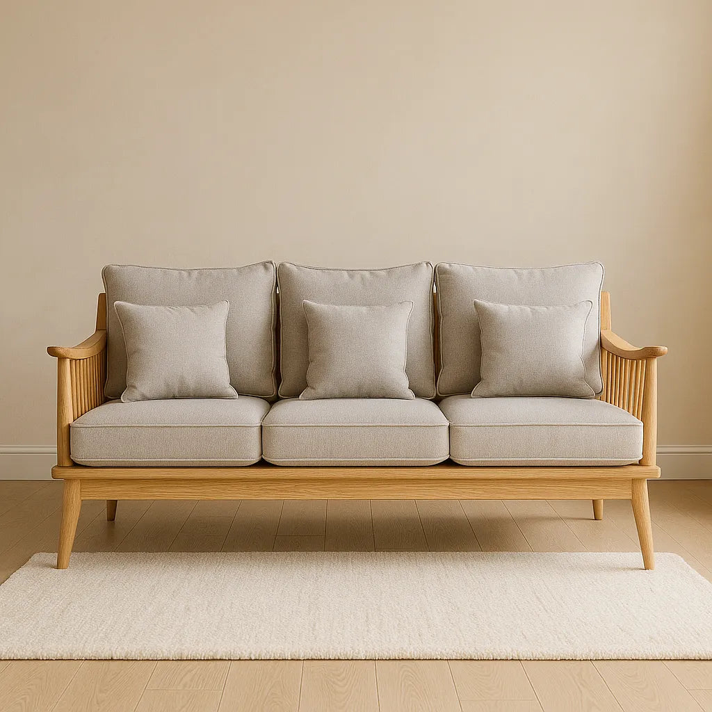 Natural Wooden Sofa With Cushioned Seat And Vertical Slatted Armrests
