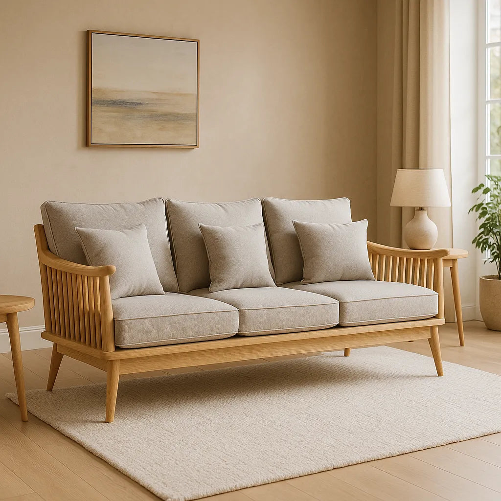 Natural Wooden Sofa With Cushioned Seat And Vertical Slatted Armrests