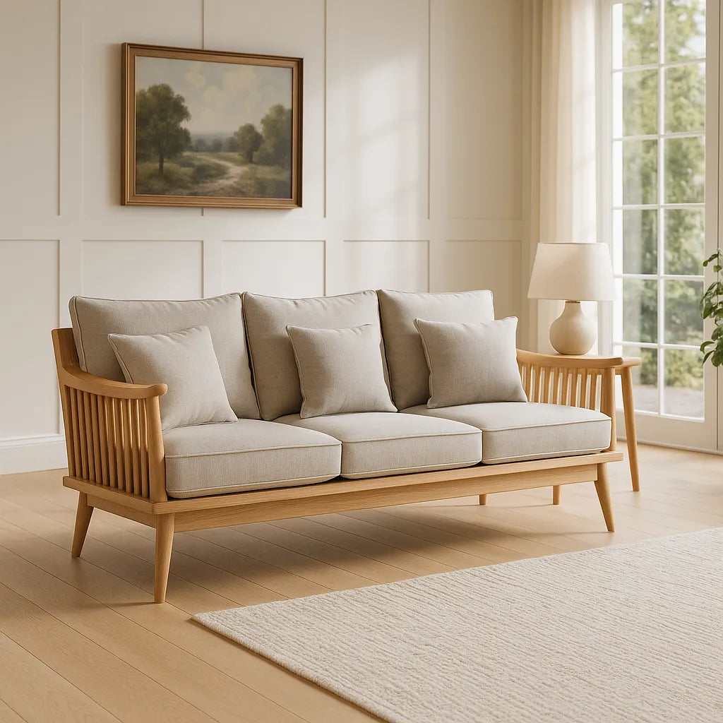 Natural Wooden Sofa With Cushioned Seat And Vertical Slatted Armrests