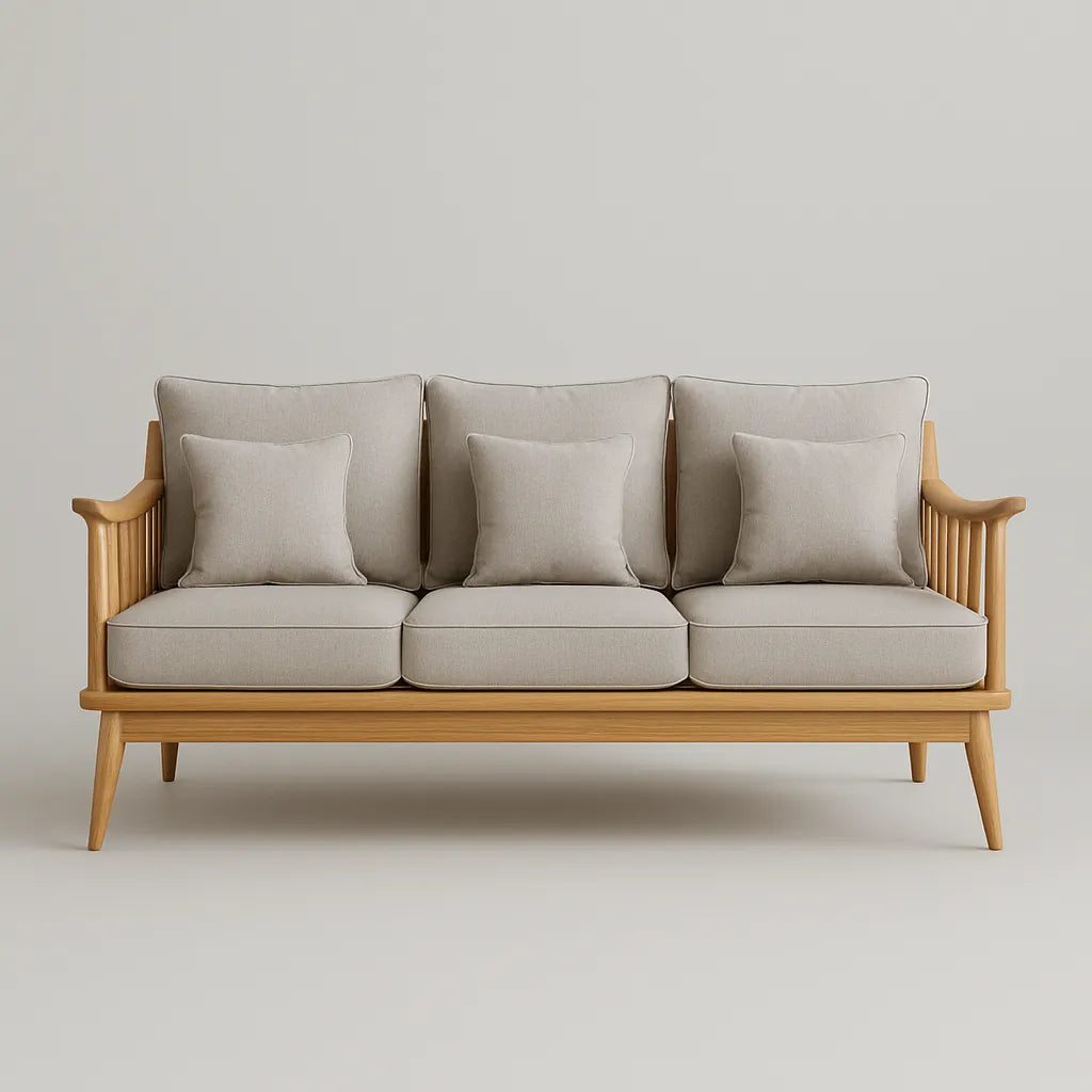 Natural Wooden Sofa With Cushioned Seat And Vertical Slatted Armrests