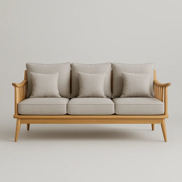 Natural Wooden Sofa With Cushioned Seat And Vertical Slatted Armrests