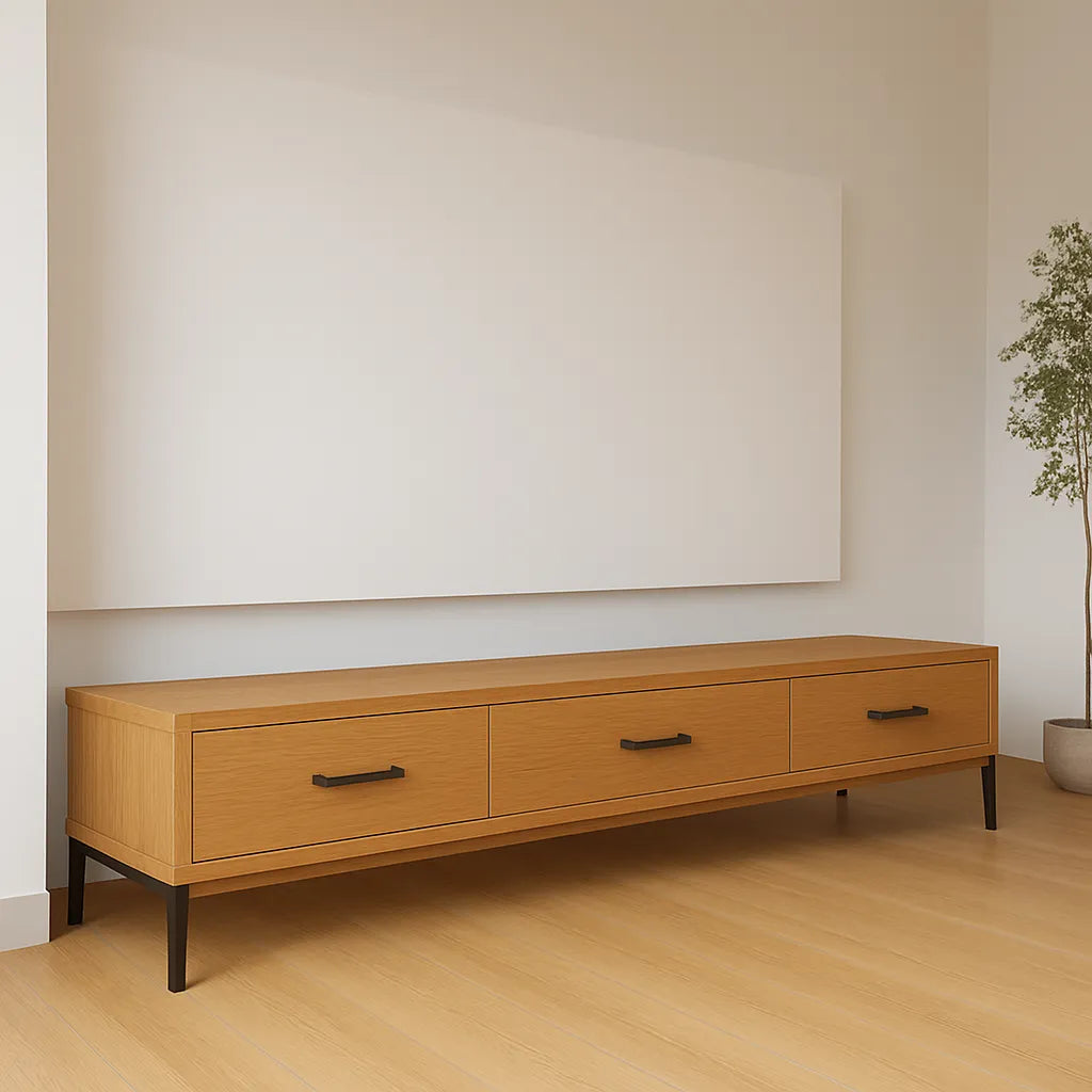Oak TV Shelf With Three Drawers And Black Metal Handles