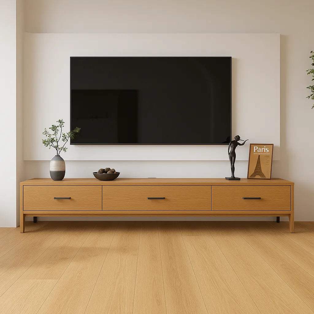 Oak TV Shelf With Three Drawers And Black Metal Handles