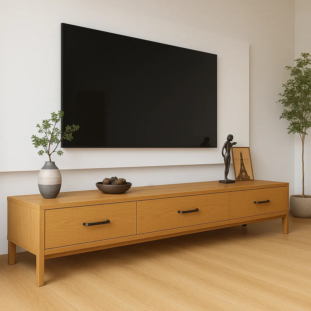 Oak TV Shelf With Three Drawers And Black Metal Handles