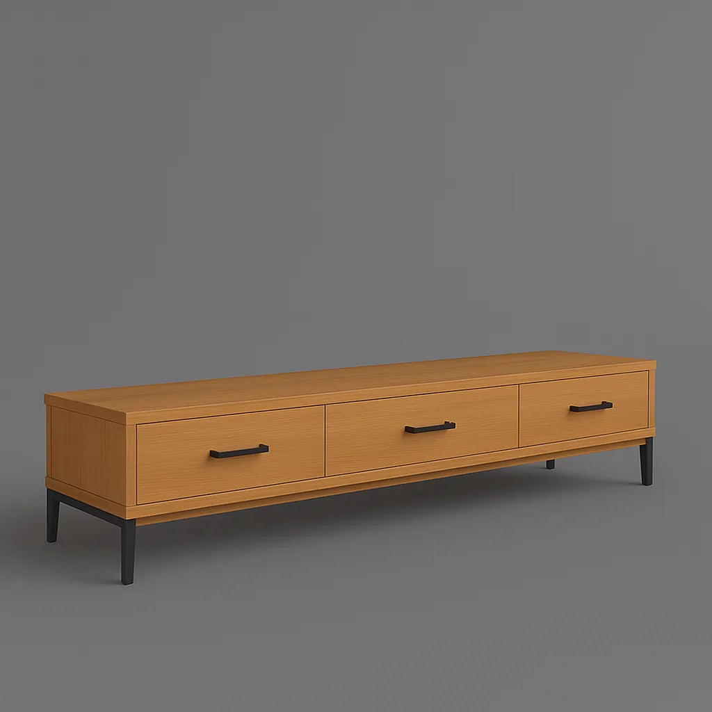 Oak TV Shelf With Three Drawers And Black Metal Handles