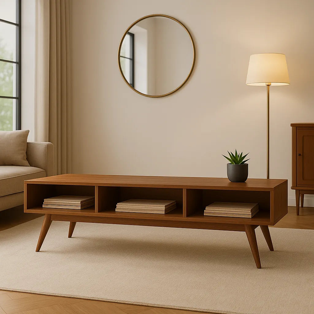 Open Shelf Bench Mid-Century Storage Solution for Modern Interior