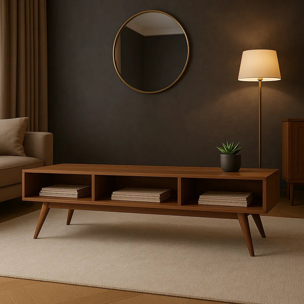 Open Shelf Bench Mid-Century Storage Solution for Modern Interior