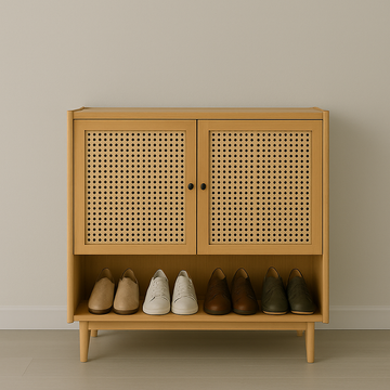 Rattan Door Shoe Cabinet Dual Storage With Open Base Shelf