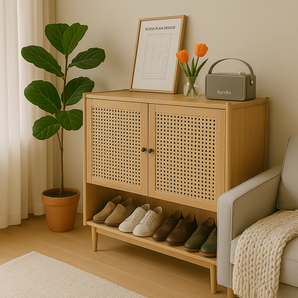 Rattan Door Shoe Cabinet Dual Storage With Open Base Shelf