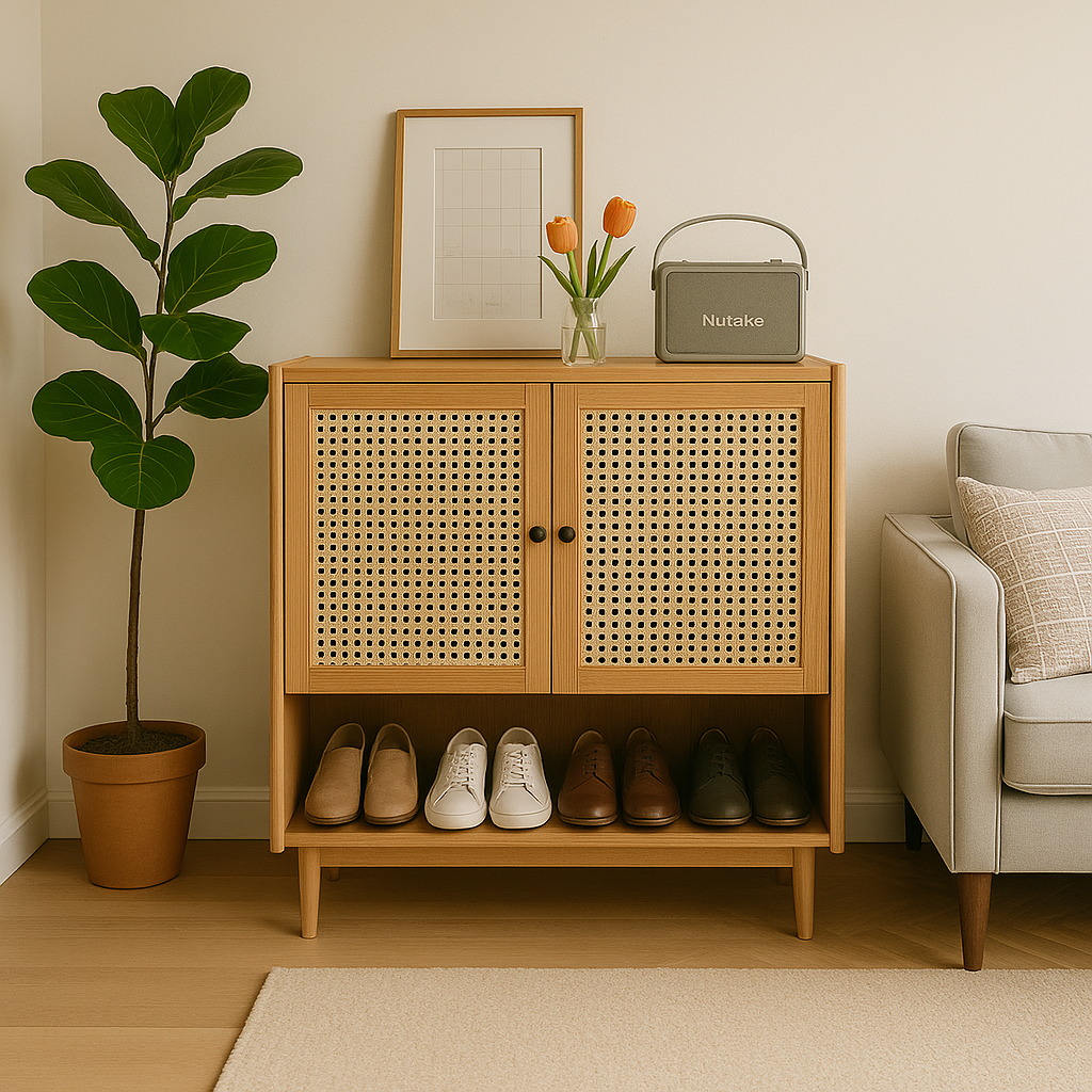 Rattan Door Shoe Cabinet Dual Storage With Open Base Shelf
