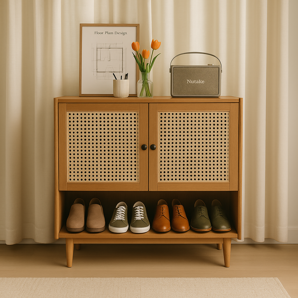 Rattan Door Shoe Cabinet Dual Storage With Open Base Shelf