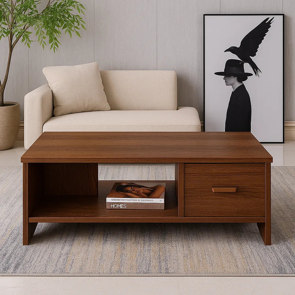 Rectangular Brown Coffee Table With Drawer And Open Shelf Storage