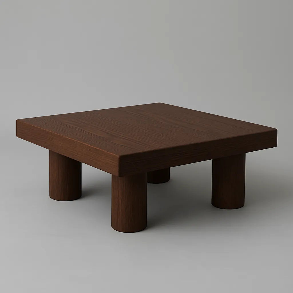 Walnut Square Coffee Table With Bold Round Legs And Smooth Wood Surface