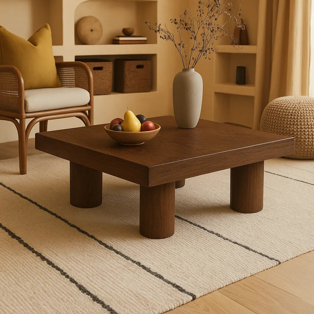 Walnut Square Coffee Table With Bold Round Legs And Smooth Wood Surface