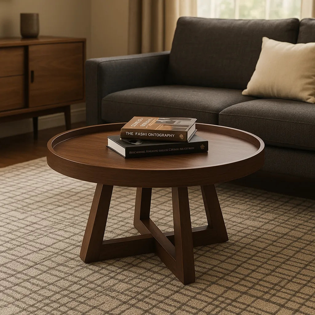 Round Walnut Coffee Table With Raised Edge And Geometric Base