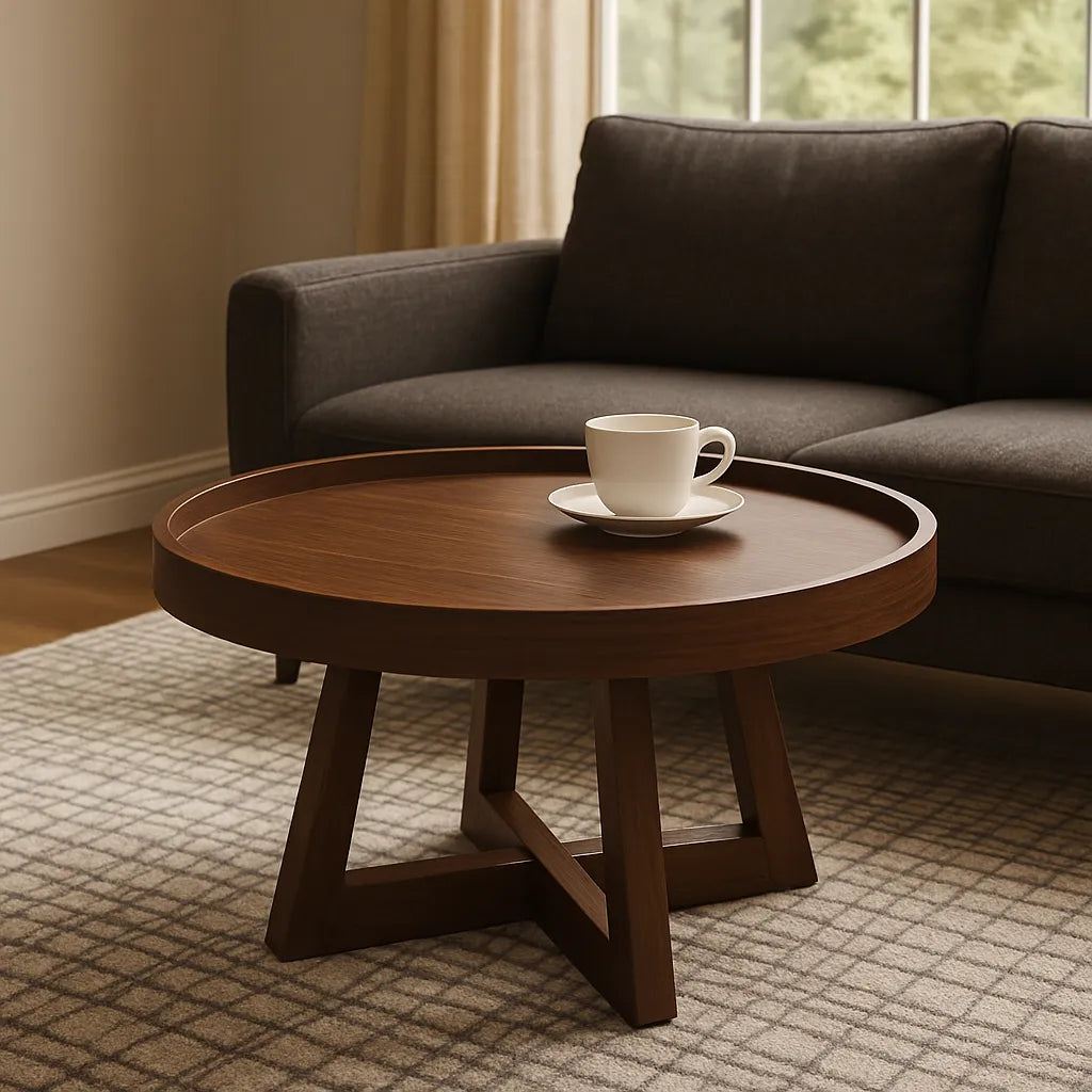 Round Walnut Coffee Table With Raised Edge And Geometric Base